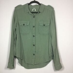 Army green military style shirt shoulder straps button down utility camping Sz L